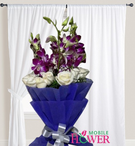 White roses with orchid bunch / mobile flower pune